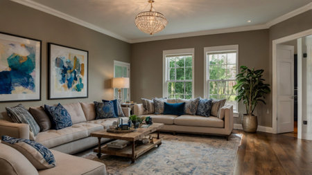 Luxury living room interior with beige sofa, coffee table and painting on wall