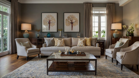 Luxury living room interior design with beige sofa and armchairs