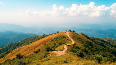 mountain landscape with blue sky and white clouds at Phu Chi Fa, Chiang Rai, Thailand