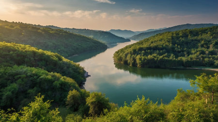 Beautiful landscape of river and mountains at sunset, panoramic viewの写真素材