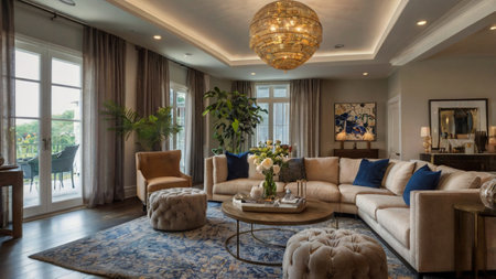 Luxury living room interior with a sofa and a coffee tableの写真素材