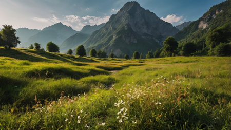 Panoramic view of idyllic alpine meadow in summerの写真素材