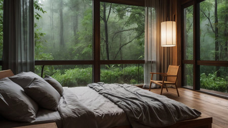 Wooden bed with pillow and blanket in cozy bedroom interior with foggy viewの写真素材
