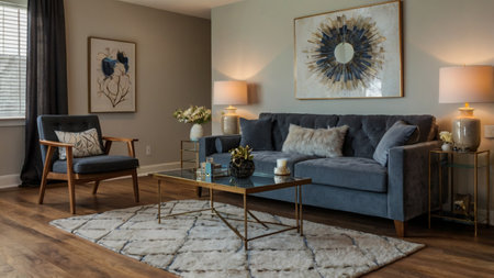 Luxury living room with grey sofa, armchair and coffee tableの写真素材