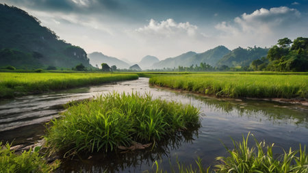 Panoramic view of rice field and river in Ninh Binh, Vietnamの写真素材