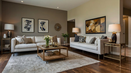 Living room interior with white sofa, coffee table and art prints on wall. Northwest, USA