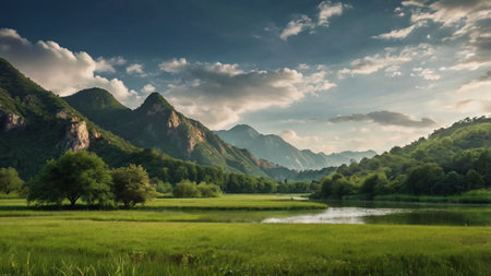 Beautiful mountain landscape with green meadow and lake under blue skyの写真素材