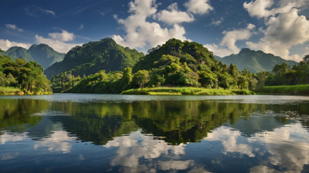 Panoramic view of karst mountains reflected in lake.の写真素材