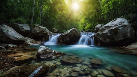 Waterfall in deep forest at Erawan waterfall National Park, Kanchanaburi, Thailandの写真素材