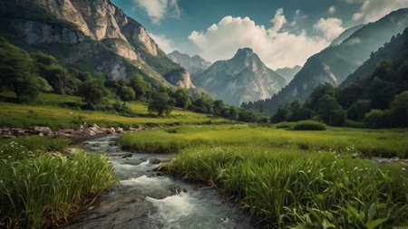 Beautiful mountain landscape with a river and high peaks in the backgroundの写真素材