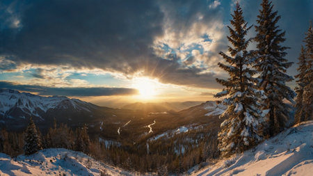 Sunset in the mountains. Panoramic view. Winter landscape.の写真素材