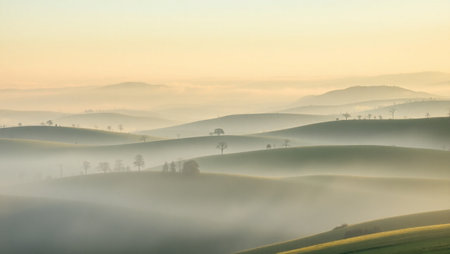 Landscape of Tuscany in the morning with fog, Italyの写真素材