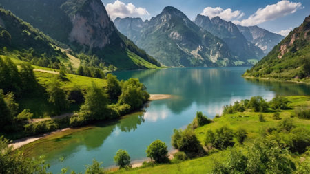 Panoramic view of the alpine lake in the Swiss Alpsの写真素材