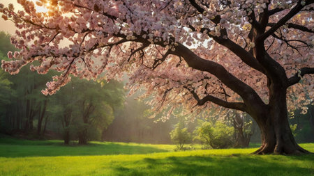Cherry blossoms in full bloom in a park.の写真素材