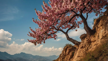 cherry blossom tree with blue sky and mountains in the backgroundの写真素材