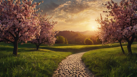 Beautiful spring landscape with blooming sakura trees on sunset.の写真素材