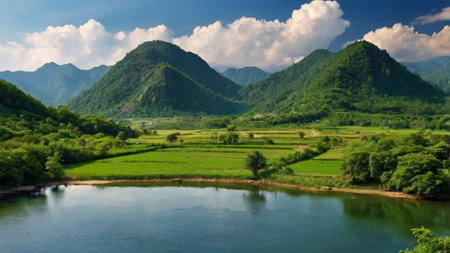 Panorama of the lake and mountains in the summer.の写真素材
