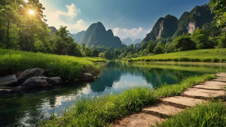 Landscape of Karst mountains and river in Yangshuo, Guilin, Chinaの写真素材