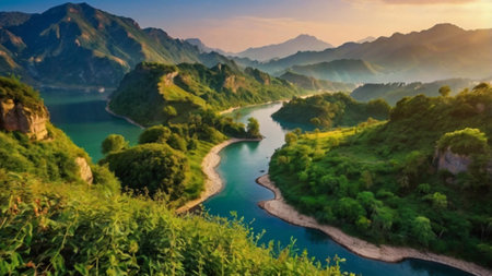 Beautiful panorama view of the mountains and the river at sunrise