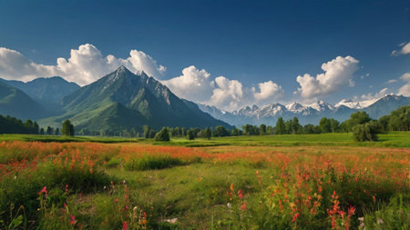 Panoramic view of meadow with wildflowers and mountains in backgroundの写真素材