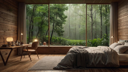 Interior of modern wooden bedroom in the morning. 3d renderingの写真素材