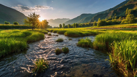 Sunset over the river in the Altai mountains, Russia.の写真素材