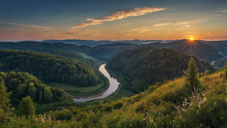 Sunset over the river in the Carpathian Mountains, Ukraineの写真素材