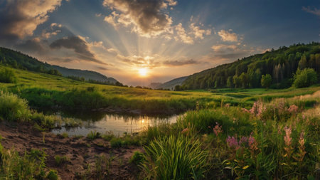 Beautiful sunset over the river in the mountains. Panorama.の写真素材