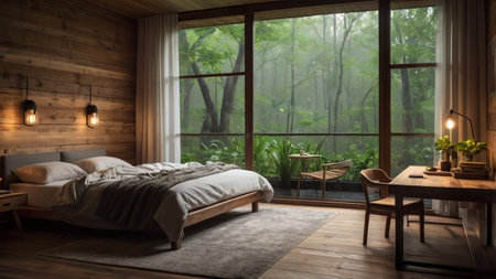 Interior of modern bedroom with wooden walls, wooden floor, comfortable king size bed and wooden...