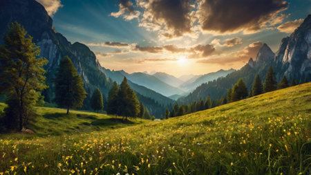 Sunset in Dolomites, Italy. Landscape with mountains and meadow