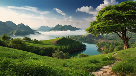 Beautiful landscape with green hills and lake in the morning at dawnの写真素材