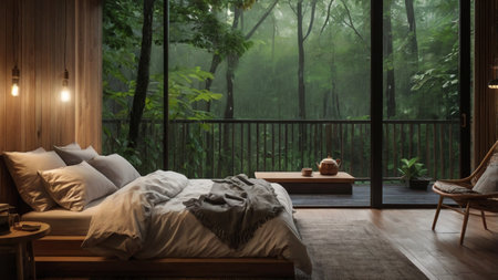 3d rendering of bedroom interior design with green tropical forest view.の写真素材