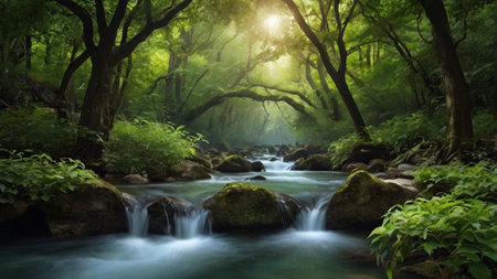 Beautiful waterfall in the forest. Nature background. Panorama.