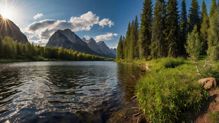 Panoramic view of the lake in the mountains. Summer timeの写真素材