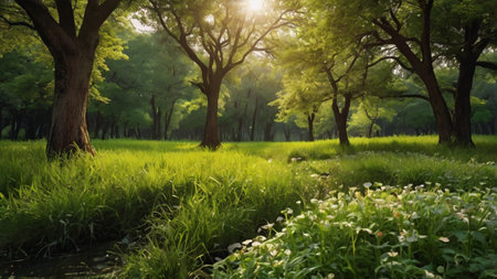 Beautiful summer landscape in the park with sun rays and green grassの写真素材