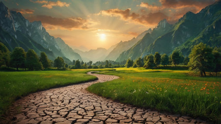 Landscape with a path in the middle of the meadow.