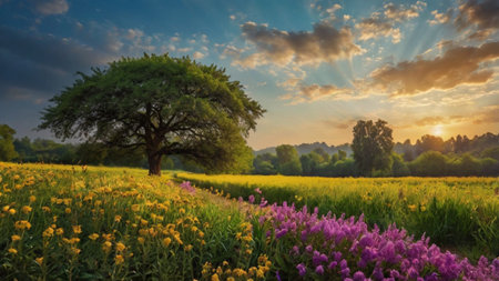 sunset over the meadow with blooming flowers and a treeの写真素材