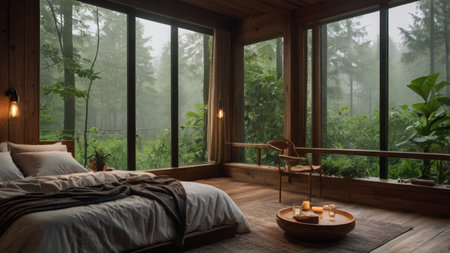 Interior of cozy bedroom in the morning with a view on the forestの写真素材