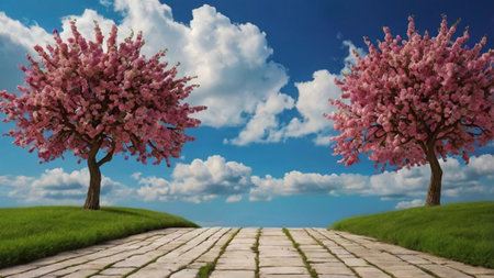 Blossoming tree on a background of green grass and blue skyの写真素材