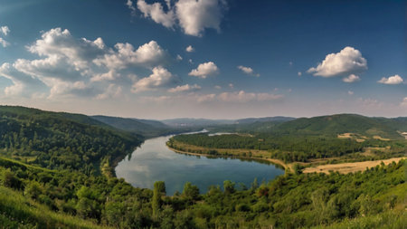 Panoramic view of a lake in the mountains. Summer landscape.