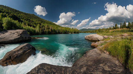 Panoramic view of the turquoise Katun river, Altai Republic, Russiaの写真素材