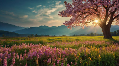 Cherry blossoms on a meadow and mountains in the background