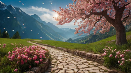 Beautiful spring landscape with blooming pink flowers and stone pavement.の写真素材