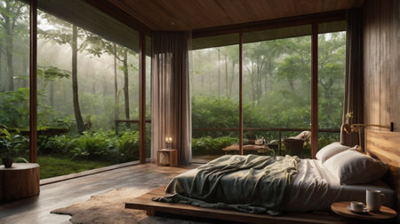 Bedroom interior in the morning with fog and mist,3d renderingの写真素材