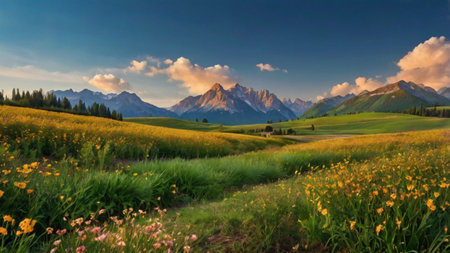 Panoramic view of beautiful alpine meadow at sunset.