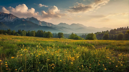 Panoramic view of mountains and meadow at sunset. Beautiful summer landscape.の写真素材