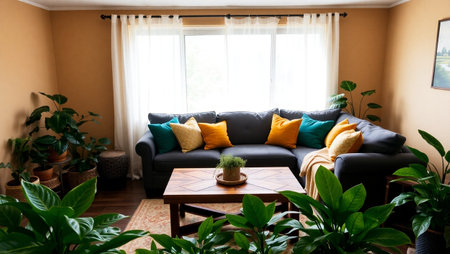 Interior of a cozy living room with a black sofa and green plants