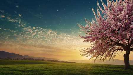 Beautiful spring landscape with blooming tree on meadow and sunset skyの写真素材