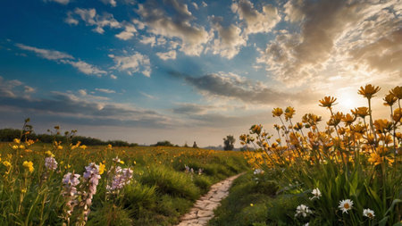 Sunset over meadow with yellow flowers and blue sky with cloudsの写真素材