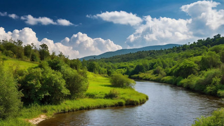 Beautiful summer landscape with river and blue sky. Panorama.